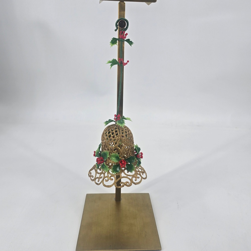 Vintage 60s Gold Filigree Christmas Ball Bell Molded Plastic Holly Mistletoe 10